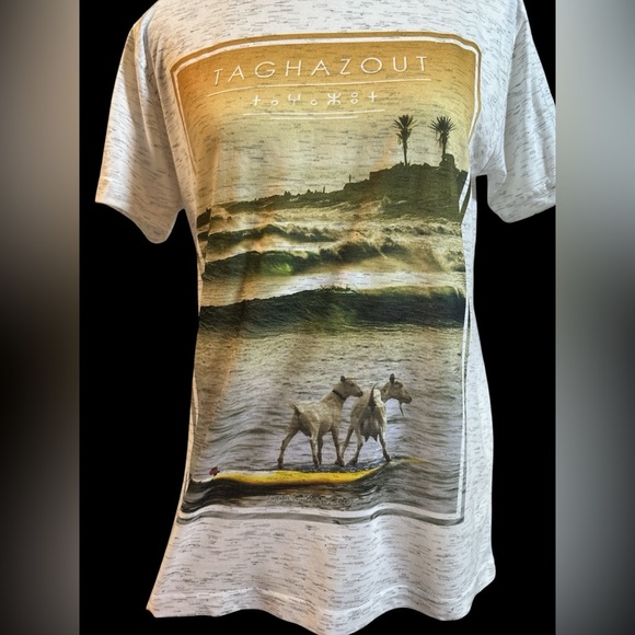 White Short Sleeve Tee with Surfing Goats- Surf Morocco Graphic Tee - Picture 3 of 6